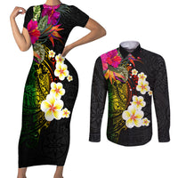 Hawaii Plumeria Couples Matching Short Sleeve Bodycon Dress and Long Sleeve Button Shirt Polynesian Tattoo and Hibiscus