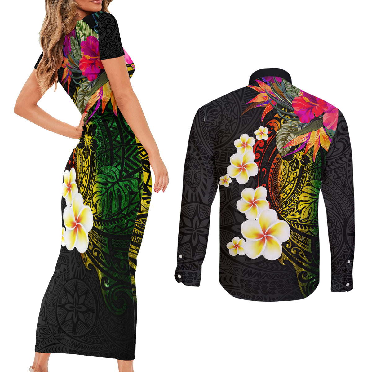 Hawaii Plumeria Couples Matching Short Sleeve Bodycon Dress and Long Sleeve Button Shirt Polynesian Tattoo and Hibiscus