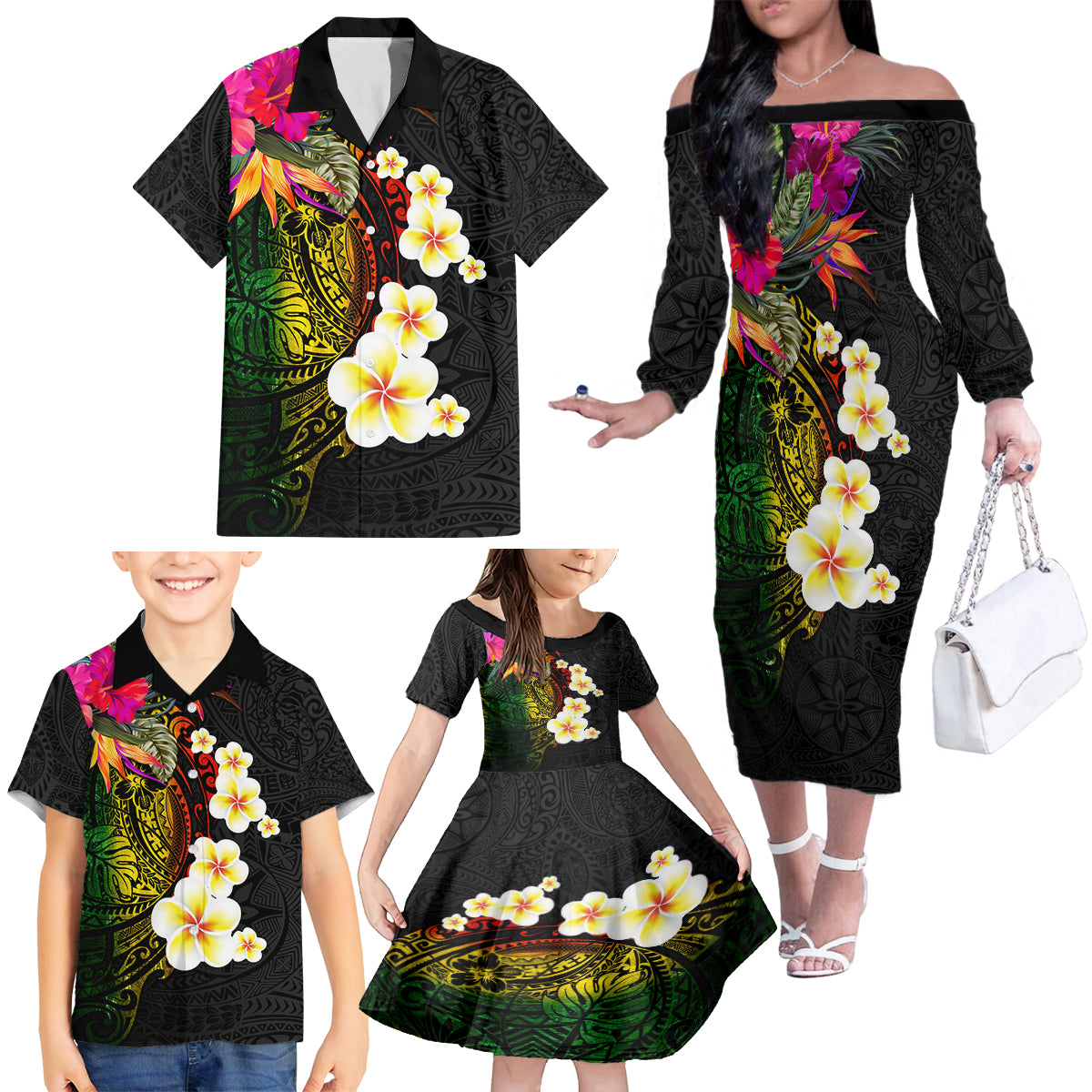 Hawaii Plumeria Family Matching Off The Shoulder Long Sleeve Dress and Hawaiian Shirt Polynesian Tattoo and Hibiscus LT03 - Polynesian Pride