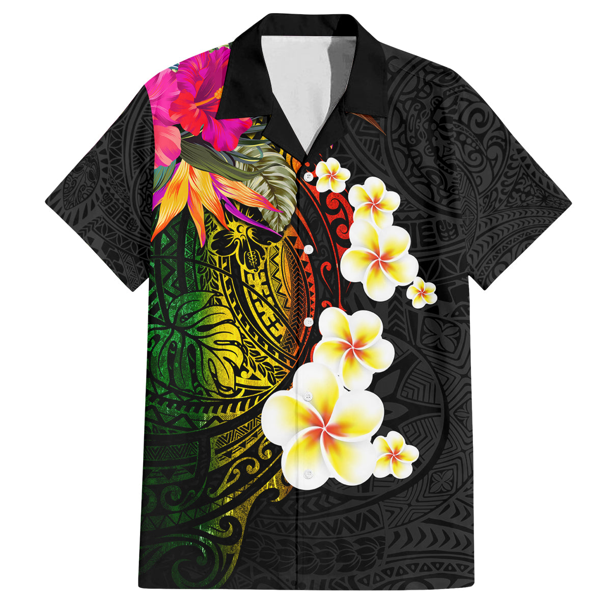 Hawaii Plumeria Family Matching Off The Shoulder Long Sleeve Dress and Hawaiian Shirt Polynesian Tattoo and Hibiscus LT03 Dad's Shirt - Short Sleeve Black - Polynesian Pride
