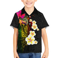 Hawaii Plumeria Family Matching Off Shoulder Maxi Dress and Hawaiian Shirt Polynesian Tattoo and Hibiscus LT03 Son's Shirt Black - Polynesian Pride