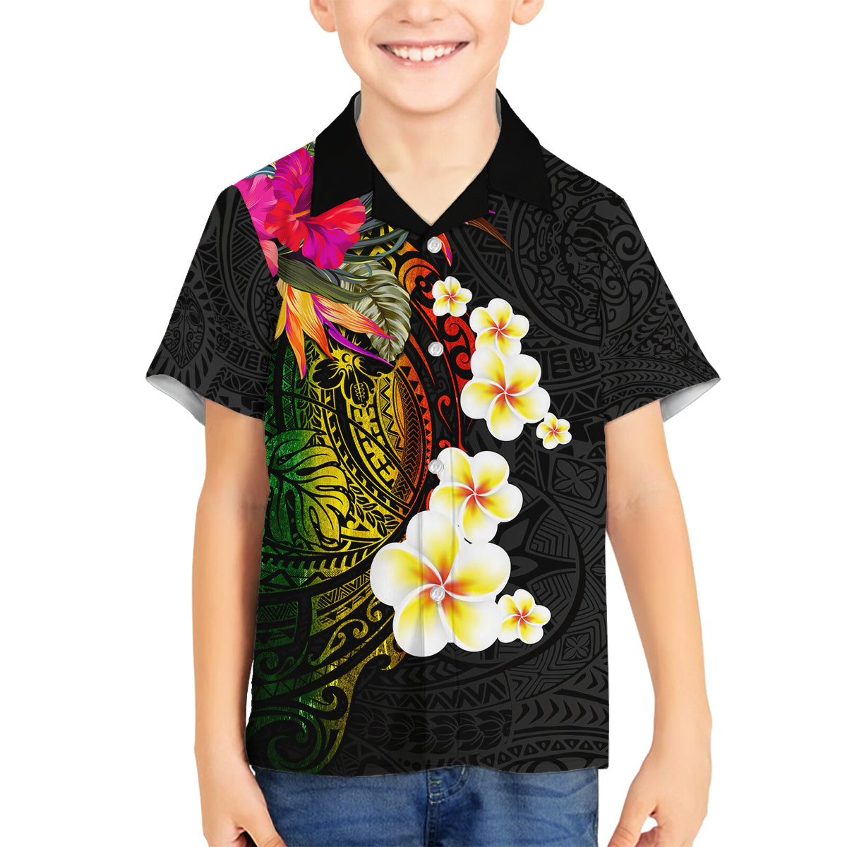 Hawaii Plumeria Family Matching Off Shoulder Short Dress and Hawaiian Shirt Polynesian Tattoo and Hibiscus LT03 Son's Shirt Black - Polynesian Pride