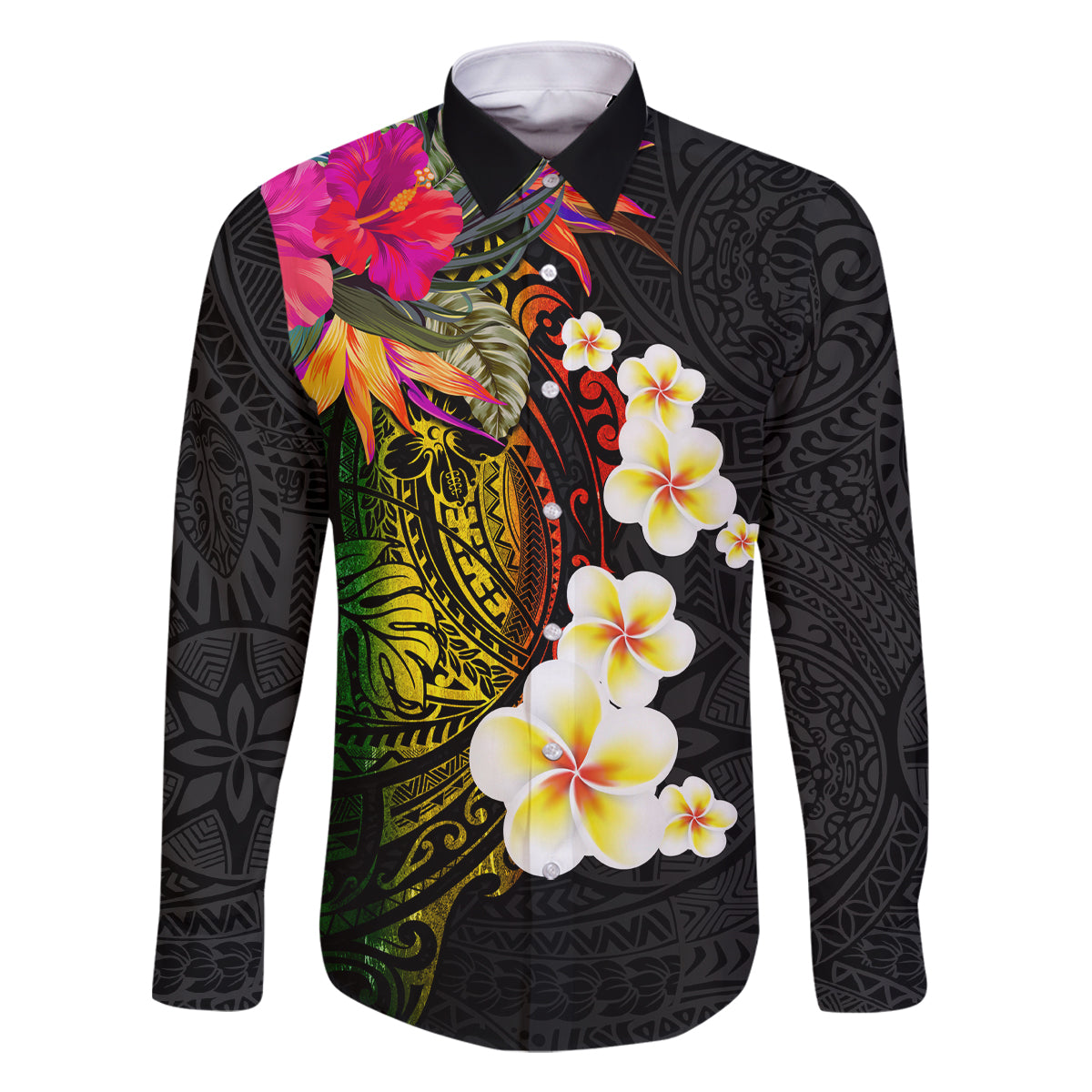 Hawaii Plumeria Family Matching Tank Maxi Dress and Hawaiian Shirt Polynesian Tattoo and Hibiscus LT03 Dad's Shirt - Long Sleeve Black - Polynesian Pride