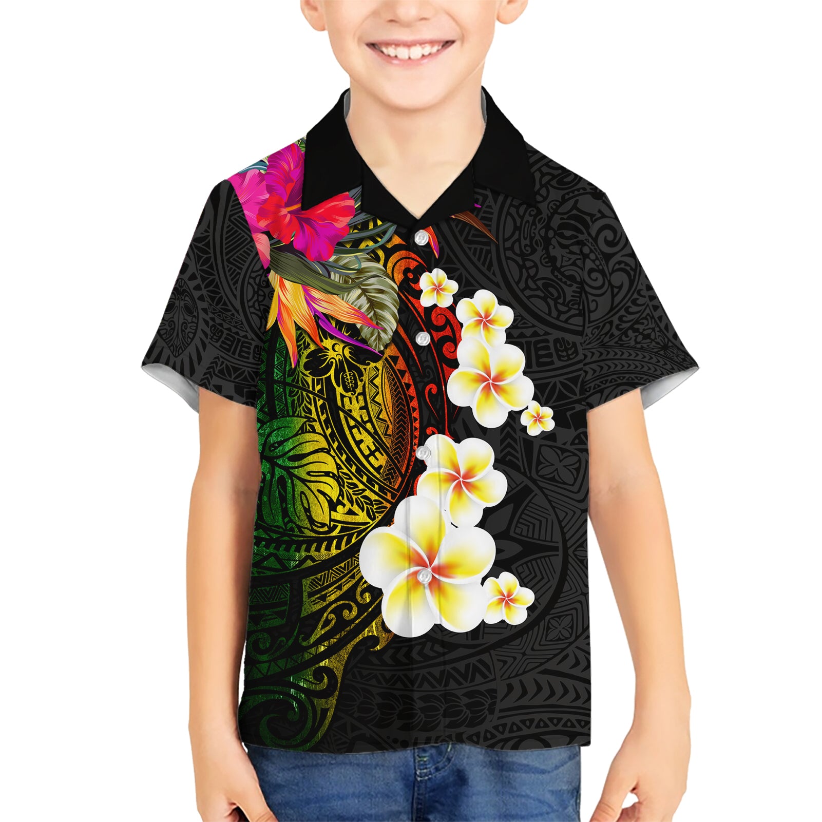 Hawaii Plumeria Kid Hawaiian Shirt Polynesian Tattoo and Hibiscus