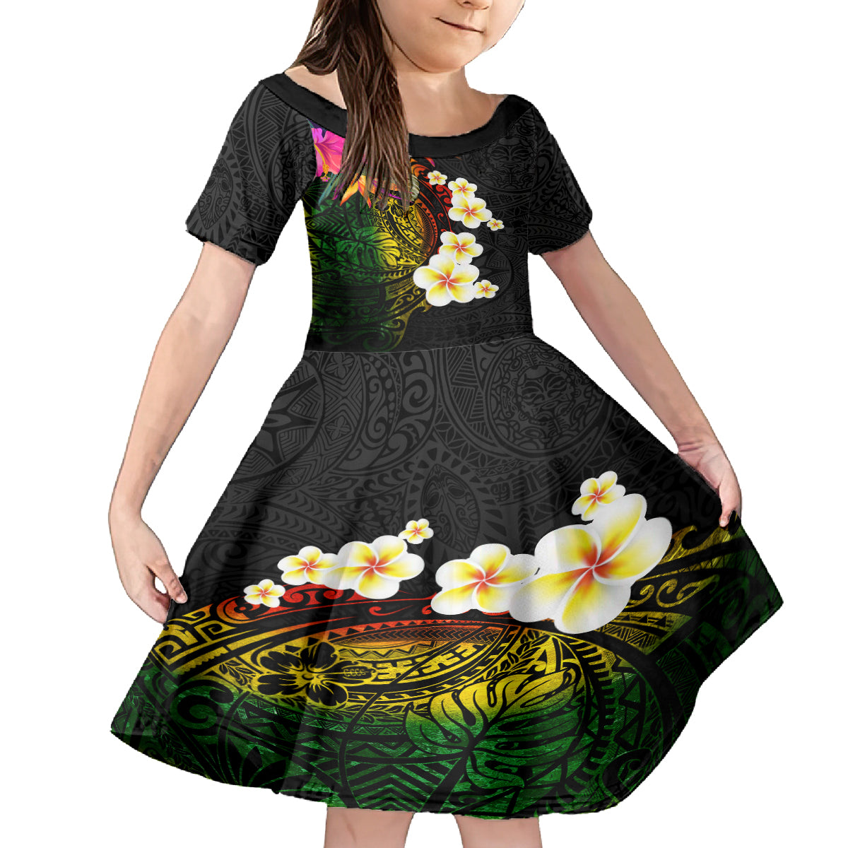 Hawaii Plumeria Kid Short Sleeve Dress Polynesian Tattoo and Hibiscus