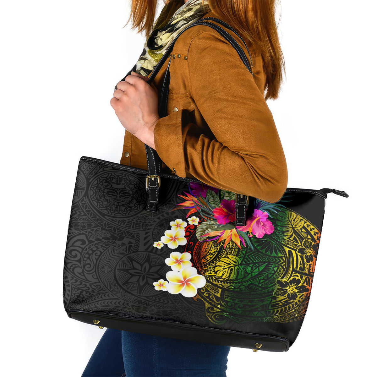 Hawaii Plumeria Leather Tote Bag Polynesian Tattoo and Hibiscus LT03 Black - Polynesian Pride