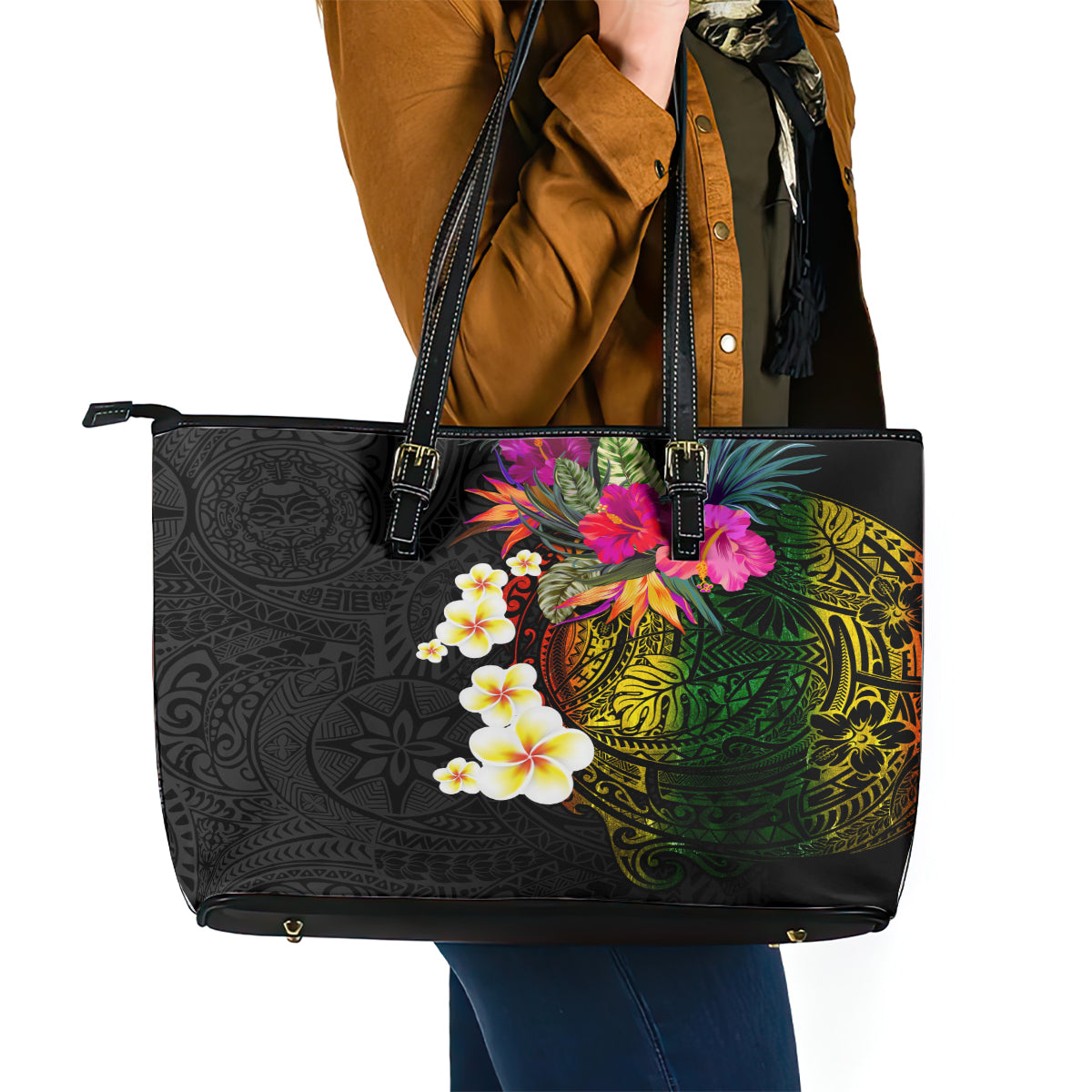 Hawaii Plumeria Leather Tote Bag Polynesian Tattoo and Hibiscus LT03 - Polynesian Pride