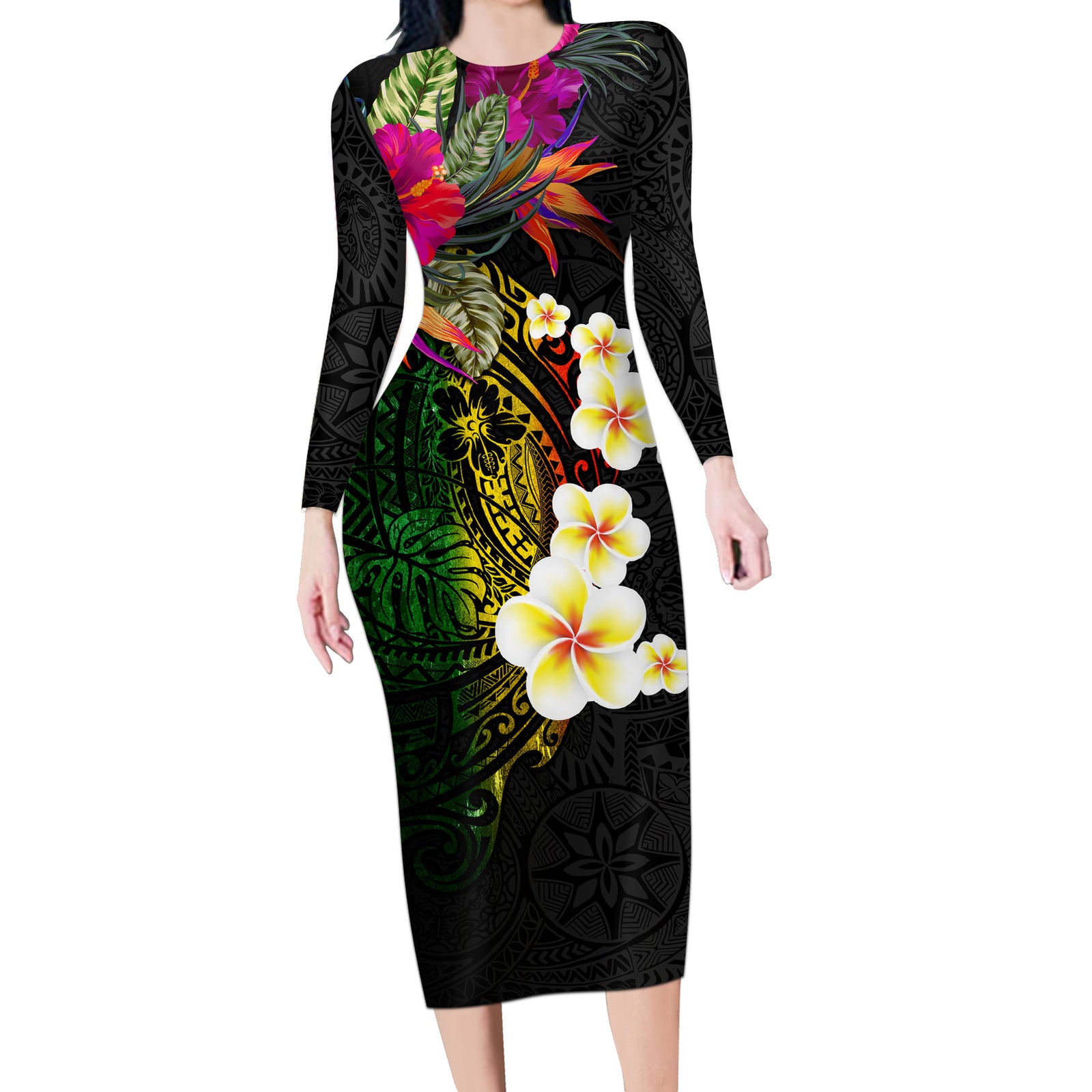 Hawaii Plumeria Long Sleeve Bodycon Dress Polynesian Tattoo and Hibiscus LT03 Long Dress Black - Polynesian Pride