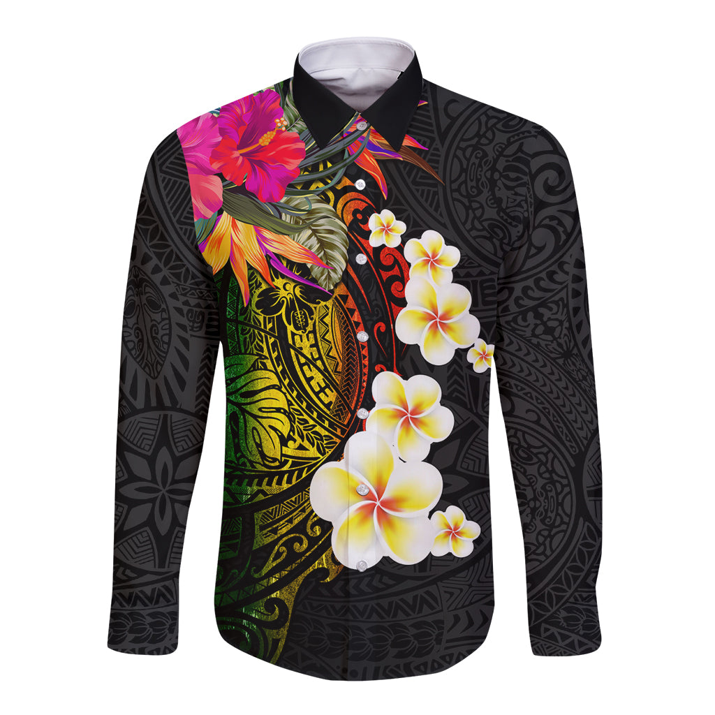 Hawaii Plumeria Long Sleeve Button Shirt Polynesian Tattoo and Hibiscus LT03 Unisex Black - Polynesian Pride