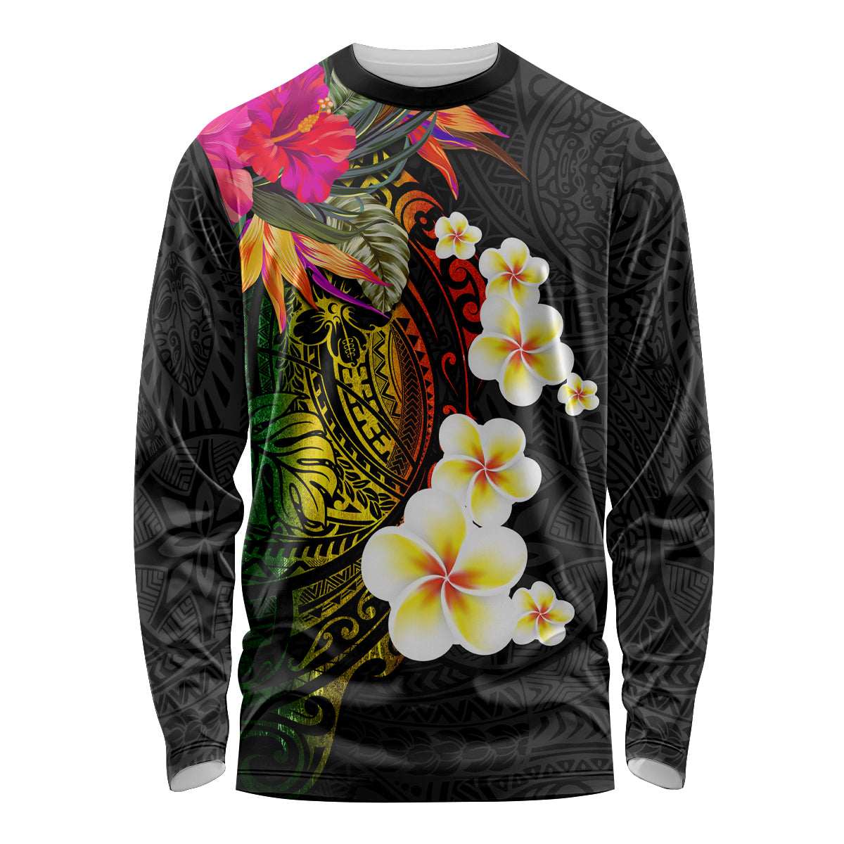 Hawaii Plumeria Long Sleeve Shirt Polynesian Tattoo and Hibiscus LT03 Unisex Black - Polynesian Pride