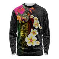 Hawaii Plumeria Long Sleeve Shirt Polynesian Tattoo and Hibiscus LT03 Unisex Black - Polynesian Pride