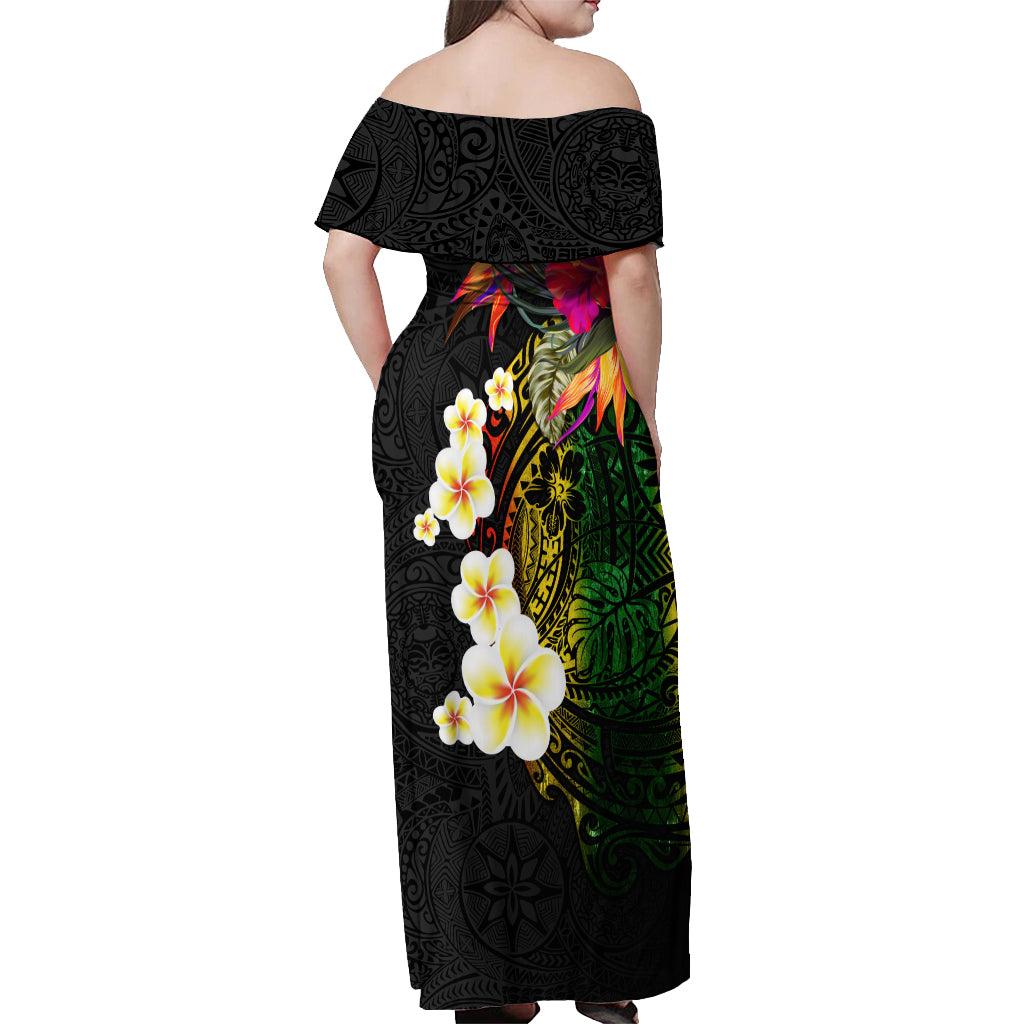 Hawaii Plumeria Off Shoulder Maxi Dress Polynesian Tattoo and Hibiscus