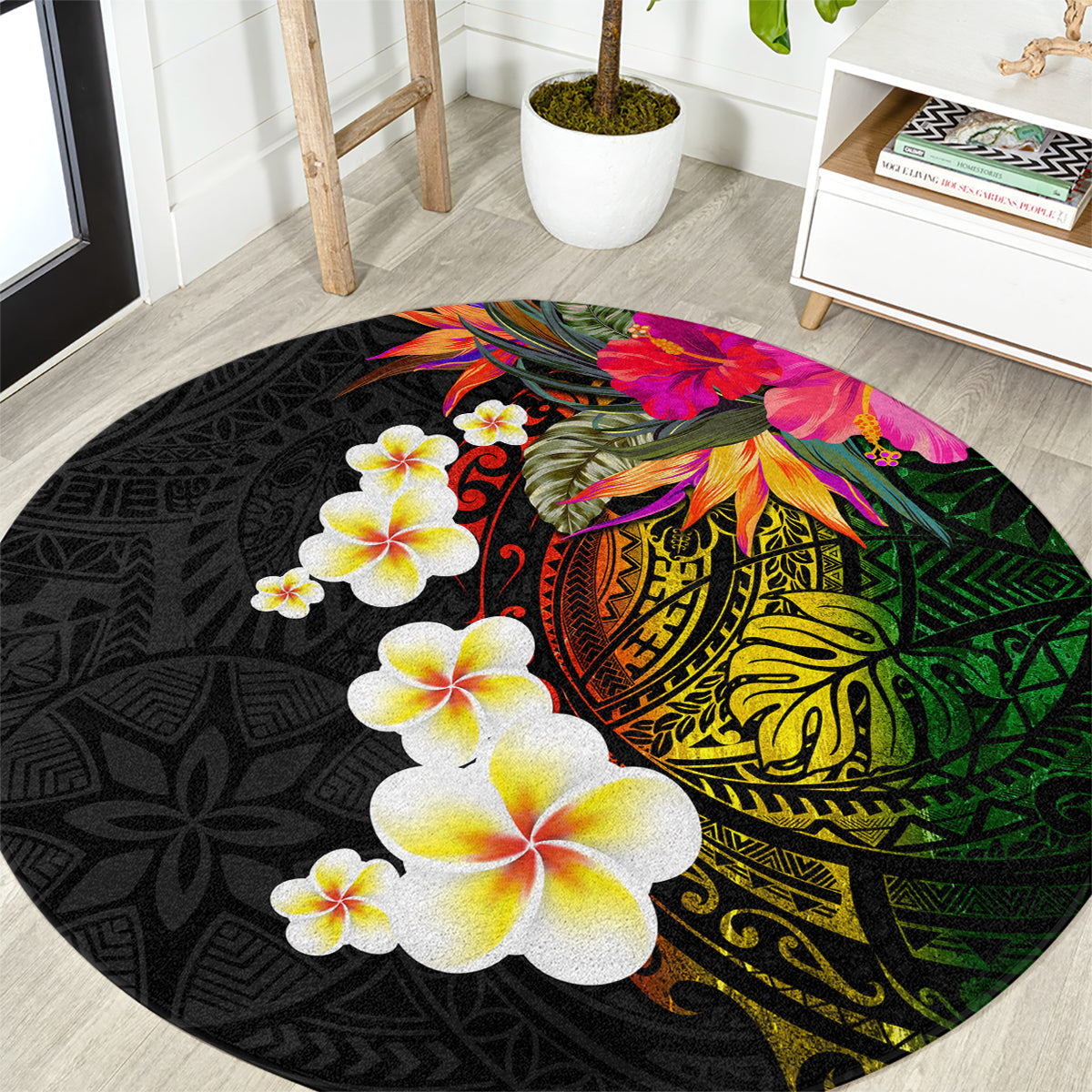 Hawaii Plumeria Round Carpet Polynesian Tattoo and Hibiscus LT03 Black - Polynesian Pride