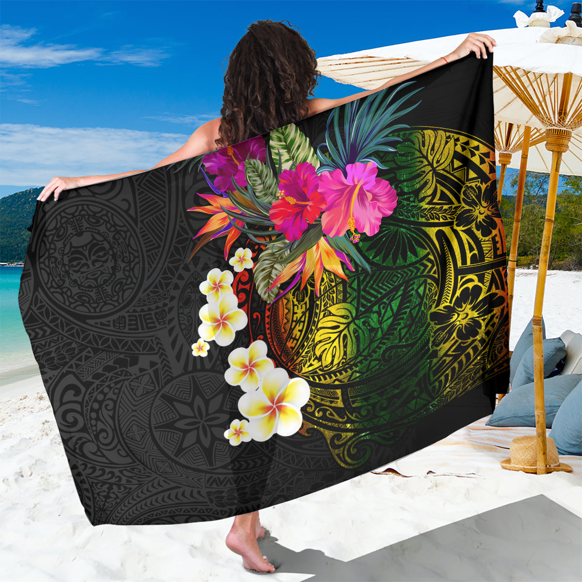 Hawaii Plumeria Sarong Polynesian Tattoo and Hibiscus