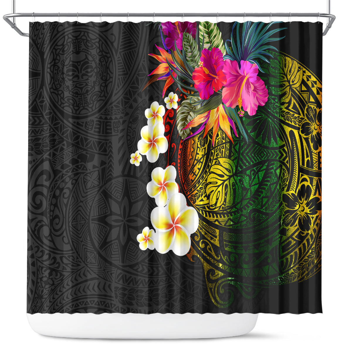 Hawaii Plumeria Shower Curtain Polynesian Tattoo and Hibiscus LT03 Black - Polynesian Pride