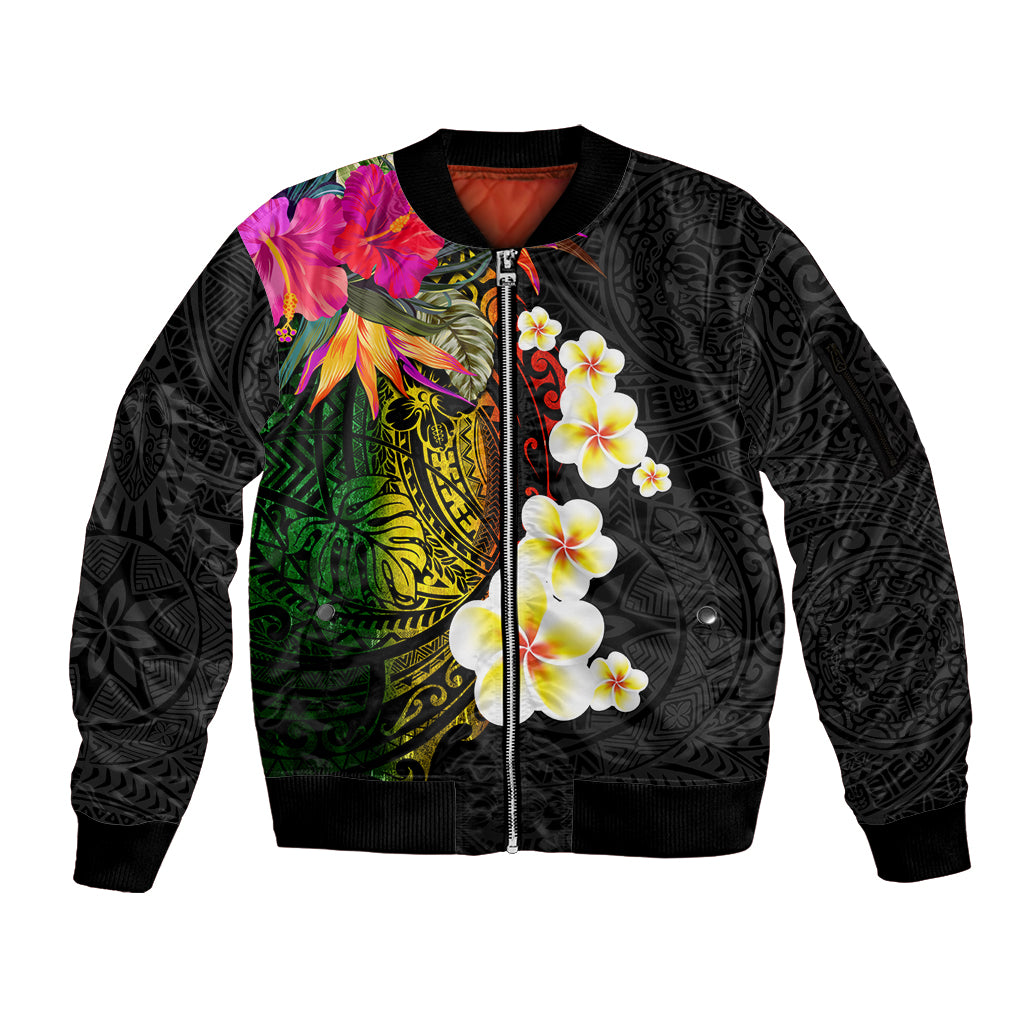 Hawaii Plumeria Sleeve Zip Bomber Jacket Polynesian Tattoo and Hibiscus