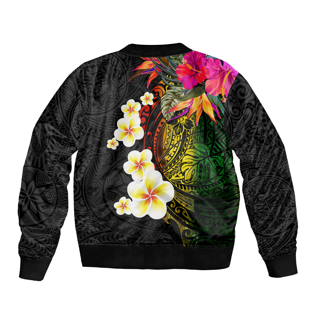 Hawaii Plumeria Sleeve Zip Bomber Jacket Polynesian Tattoo and Hibiscus