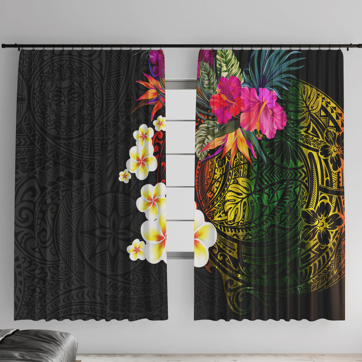 Hawaii Plumeria Window Curtain Polynesian Tattoo and Hibiscus LT03 With Hooks Black - Polynesian Pride