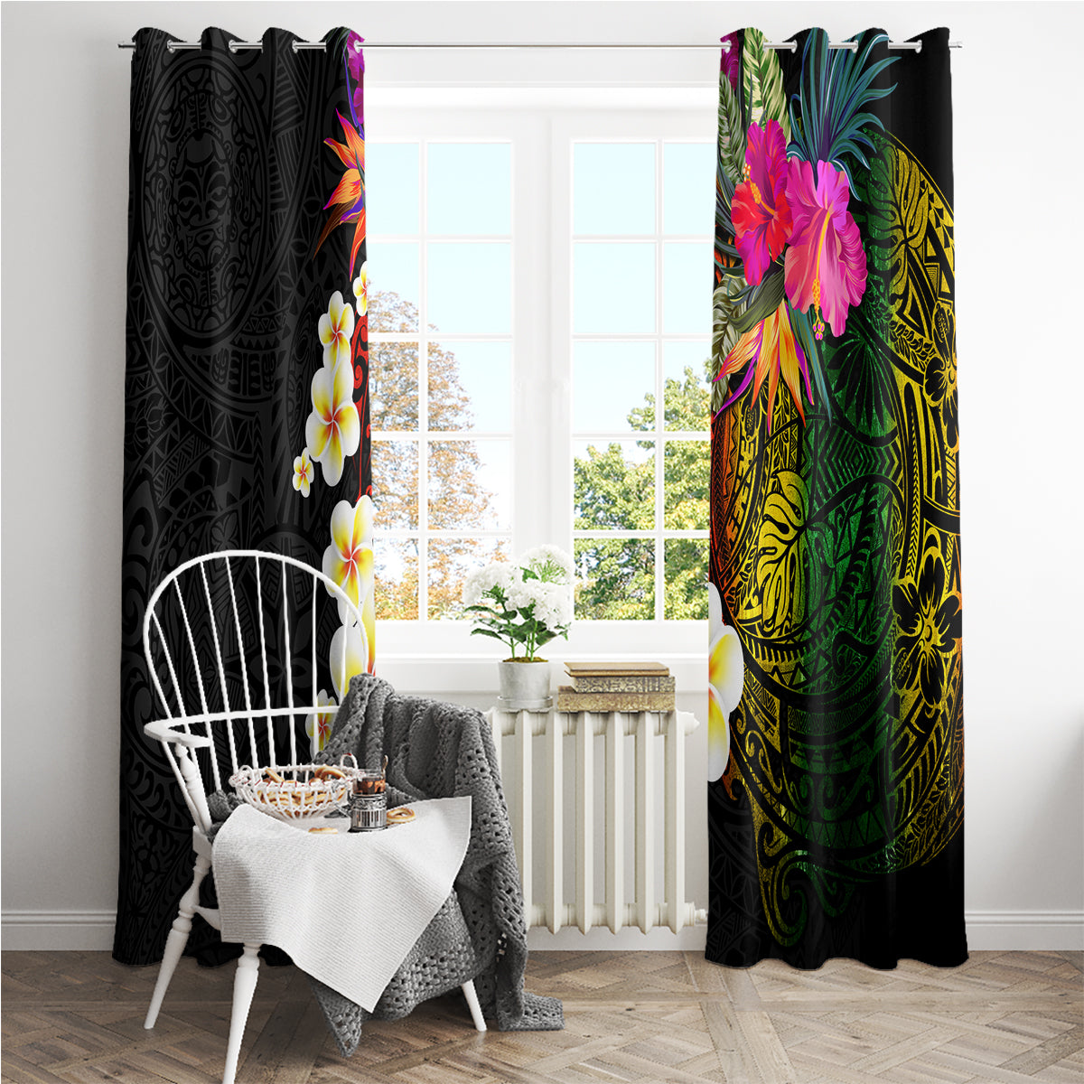 Hawaii Plumeria Window Curtain Polynesian Tattoo and Hibiscus LT03 - Polynesian Pride