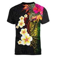 Hawaii Plumeria Women V Neck T Shirt Polynesian Tattoo and Hibiscus