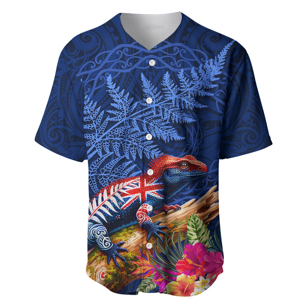New Zealand Tuatara Baseball Jersey Silver Fern Hibiscus and Tribal Maori Pattern Blue Color