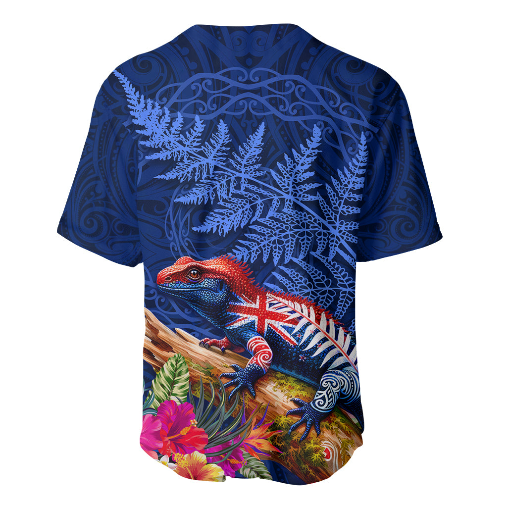 New Zealand Tuatara Baseball Jersey Silver Fern Hibiscus and Tribal Maori Pattern Blue Color