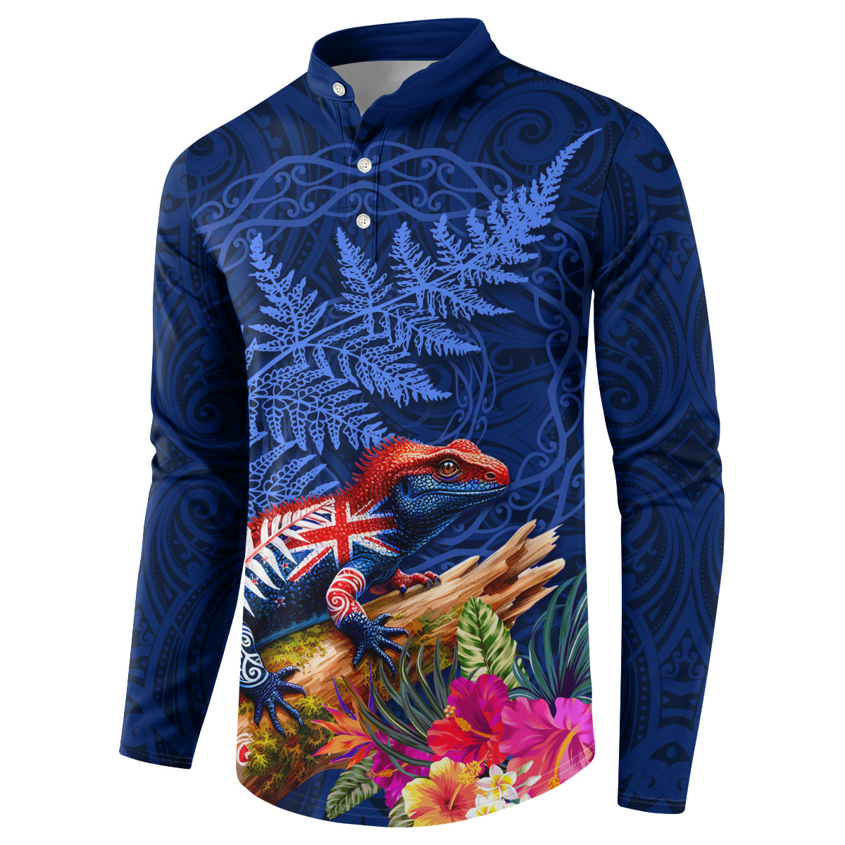 New Zealand Tuatara Button Sweatshirt Silver Fern Hibiscus and Tribal Maori Pattern Blue Color