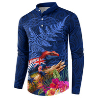 New Zealand Tuatara Button Sweatshirt Silver Fern Hibiscus and Tribal Maori Pattern Blue Color
