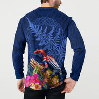 New Zealand Tuatara Button Sweatshirt Silver Fern Hibiscus and Tribal Maori Pattern Blue Color
