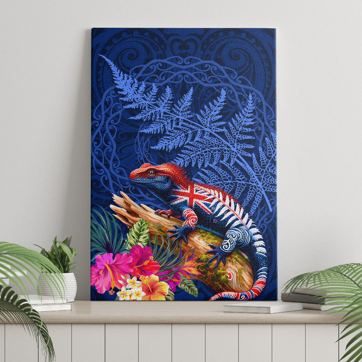 New Zealand Tuatara Canvas Wall Art Silver Fern Hibiscus and Tribal Maori Pattern Blue Color