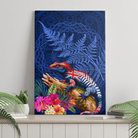 New Zealand Tuatara Canvas Wall Art Silver Fern Hibiscus and Tribal Maori Pattern Blue Color