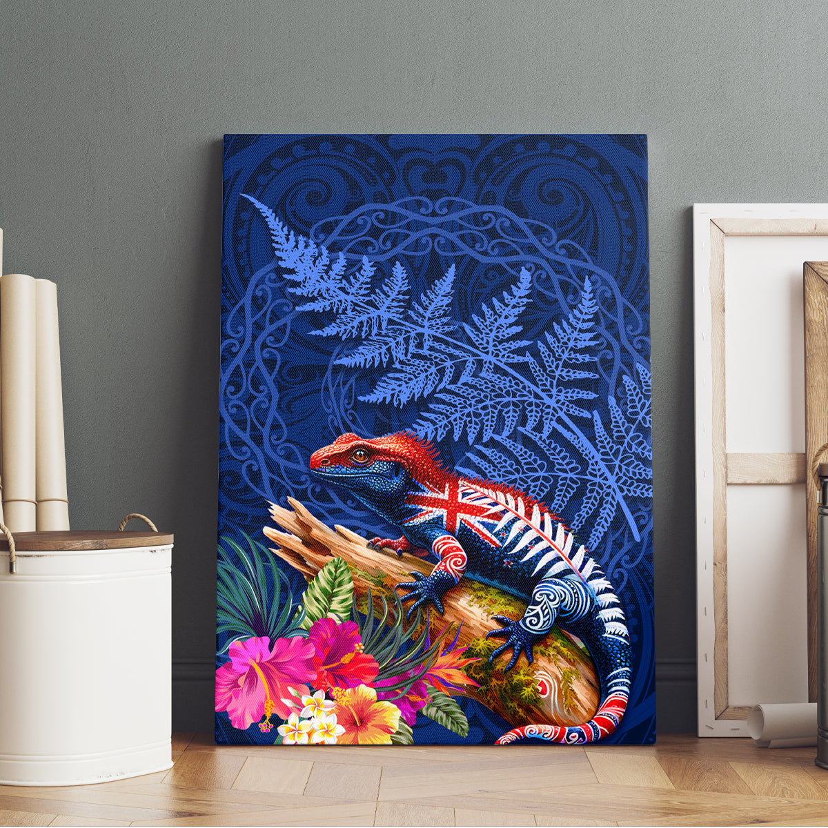 New Zealand Tuatara Canvas Wall Art Silver Fern Hibiscus and Tribal Maori Pattern Blue Color