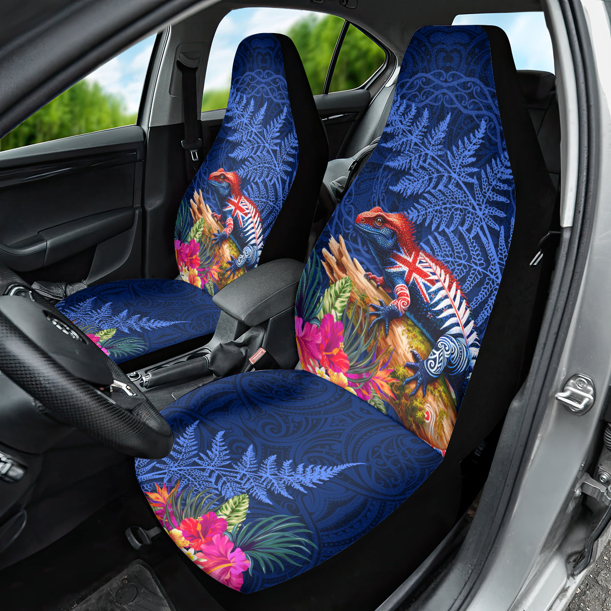 New Zealand Tuatara Car Seat Cover Silver Fern Hibiscus and Tribal Maori Pattern Blue Color