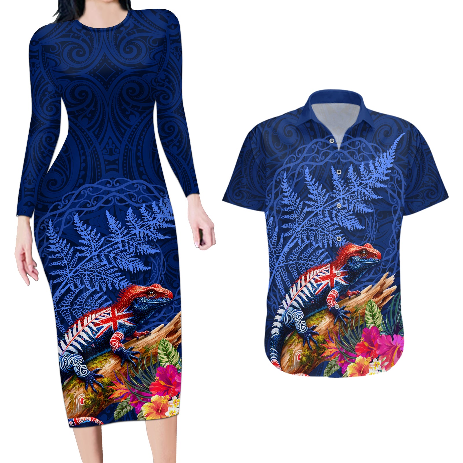 New Zealand Tuatara Couples Matching Long Sleeve Bodycon Dress and Hawaiian Shirt Silver Fern Hibiscus and Tribal Maori Pattern Blue Color LT03 Blue - Polynesian Pride