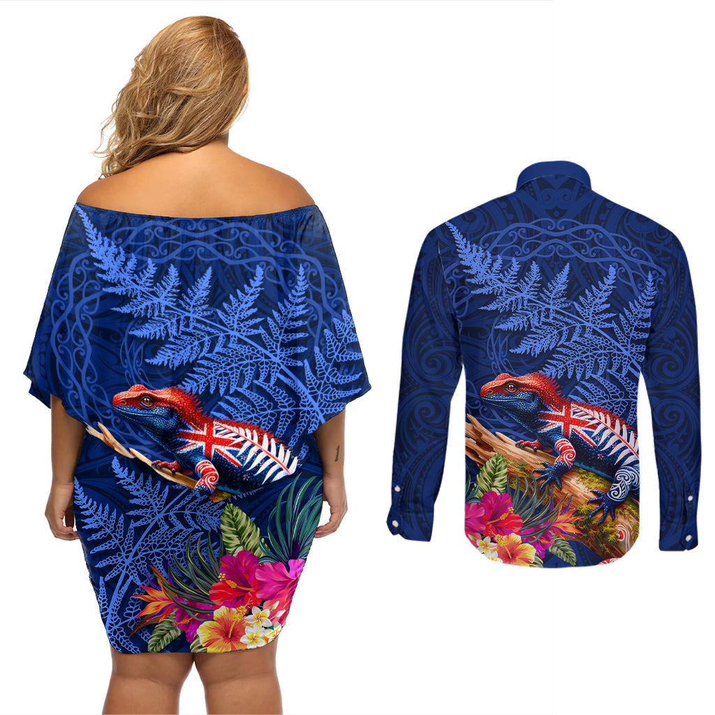New Zealand Tuatara Couples Matching Off Shoulder Short Dress and Long Sleeve Button Shirt Silver Fern Hibiscus and Tribal Maori Pattern Blue Color