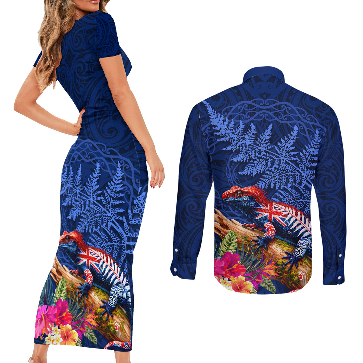 New Zealand Tuatara Couples Matching Short Sleeve Bodycon Dress and Long Sleeve Button Shirt Silver Fern Hibiscus and Tribal Maori Pattern Blue Color