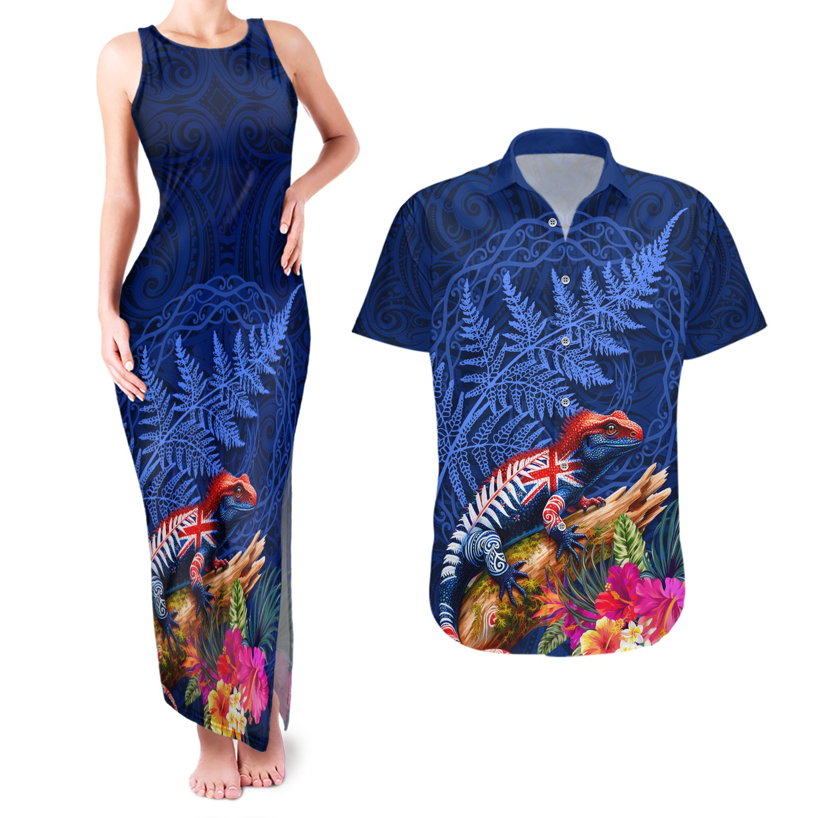 New Zealand Tuatara Couples Matching Tank Maxi Dress and Hawaiian Shirt Silver Fern Hibiscus and Tribal Maori Pattern Blue Color LT03 Blue - Polynesian Pride