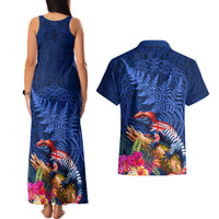 New Zealand Tuatara Couples Matching Tank Maxi Dress and Hawaiian Shirt Silver Fern Hibiscus and Tribal Maori Pattern Blue Color