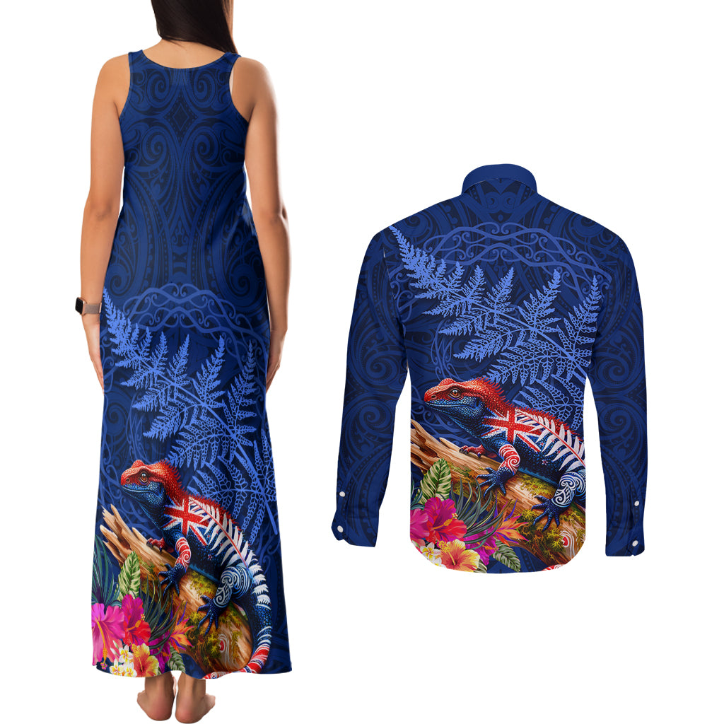 New Zealand Tuatara Couples Matching Tank Maxi Dress and Long Sleeve Button Shirt Silver Fern Hibiscus and Tribal Maori Pattern Blue Color