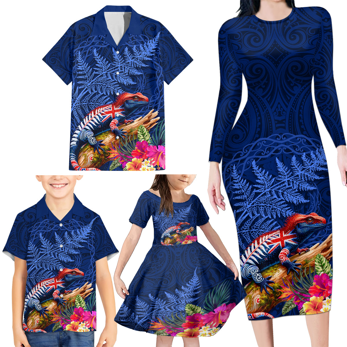 New Zealand Tuatara Family Matching Long Sleeve Bodycon Dress and Hawaiian Shirt Silver Fern Hibiscus and Tribal Maori Pattern Blue Color LT03 - Polynesian Pride