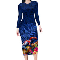 New Zealand Tuatara Family Matching Long Sleeve Bodycon Dress and Hawaiian Shirt Silver Fern Hibiscus and Tribal Maori Pattern Blue Color