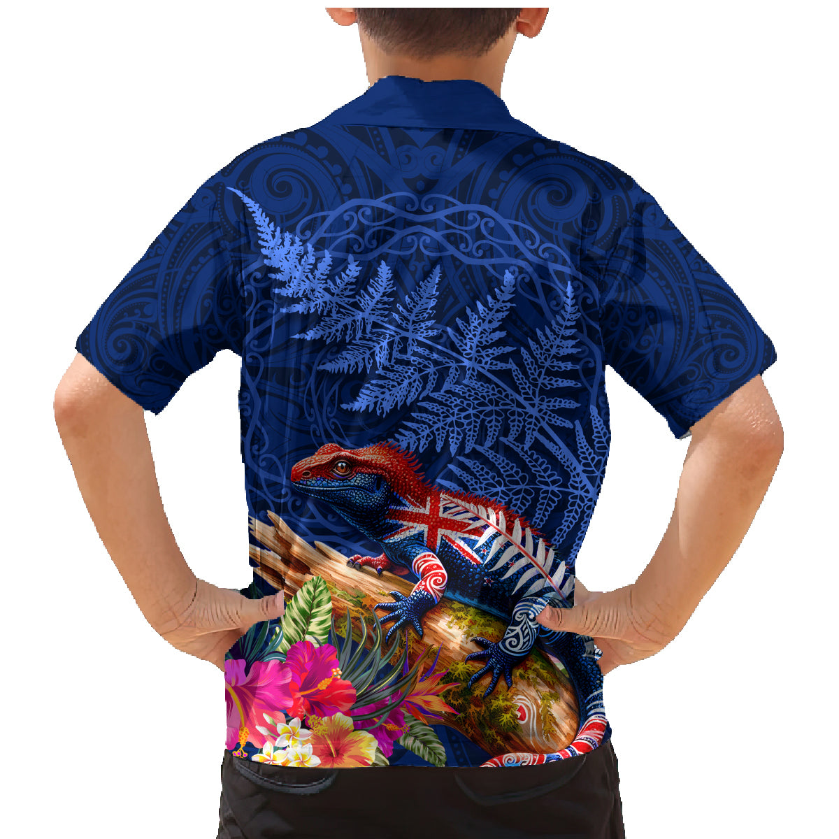 New Zealand Tuatara Family Matching Mermaid Dress and Hawaiian Shirt Silver Fern Hibiscus and Tribal Maori Pattern Blue Color