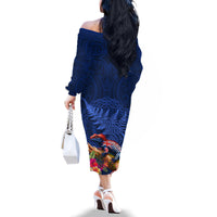 New Zealand Tuatara Family Matching Off The Shoulder Long Sleeve Dress and Hawaiian Shirt Silver Fern Hibiscus and Tribal Maori Pattern Blue Color
