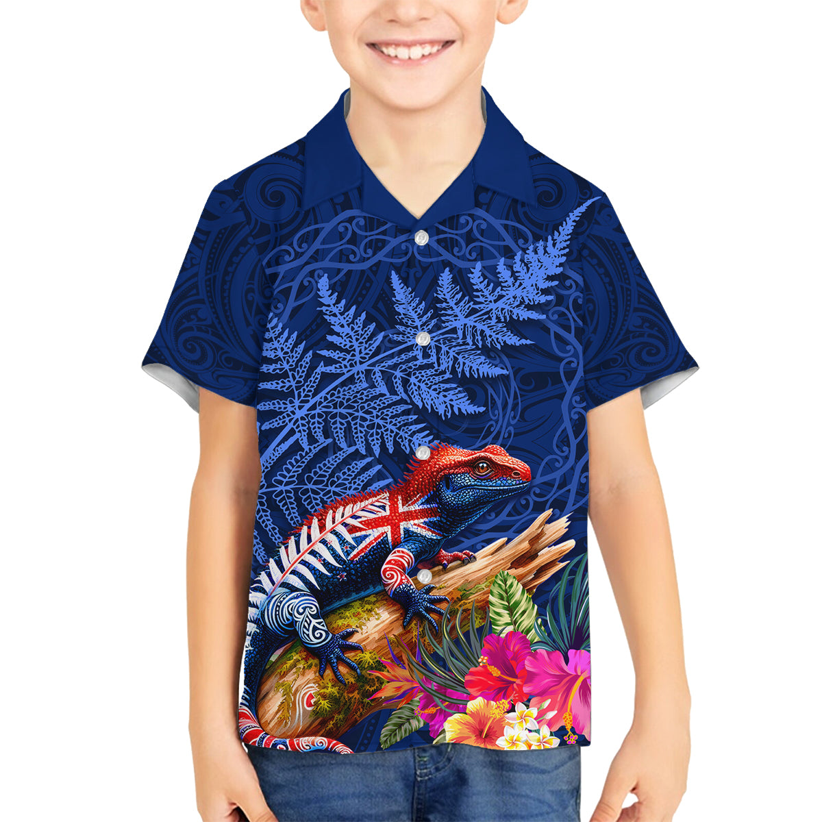 New Zealand Tuatara Family Matching Puletasi and Hawaiian Shirt Silver Fern Hibiscus and Tribal Maori Pattern Blue Color