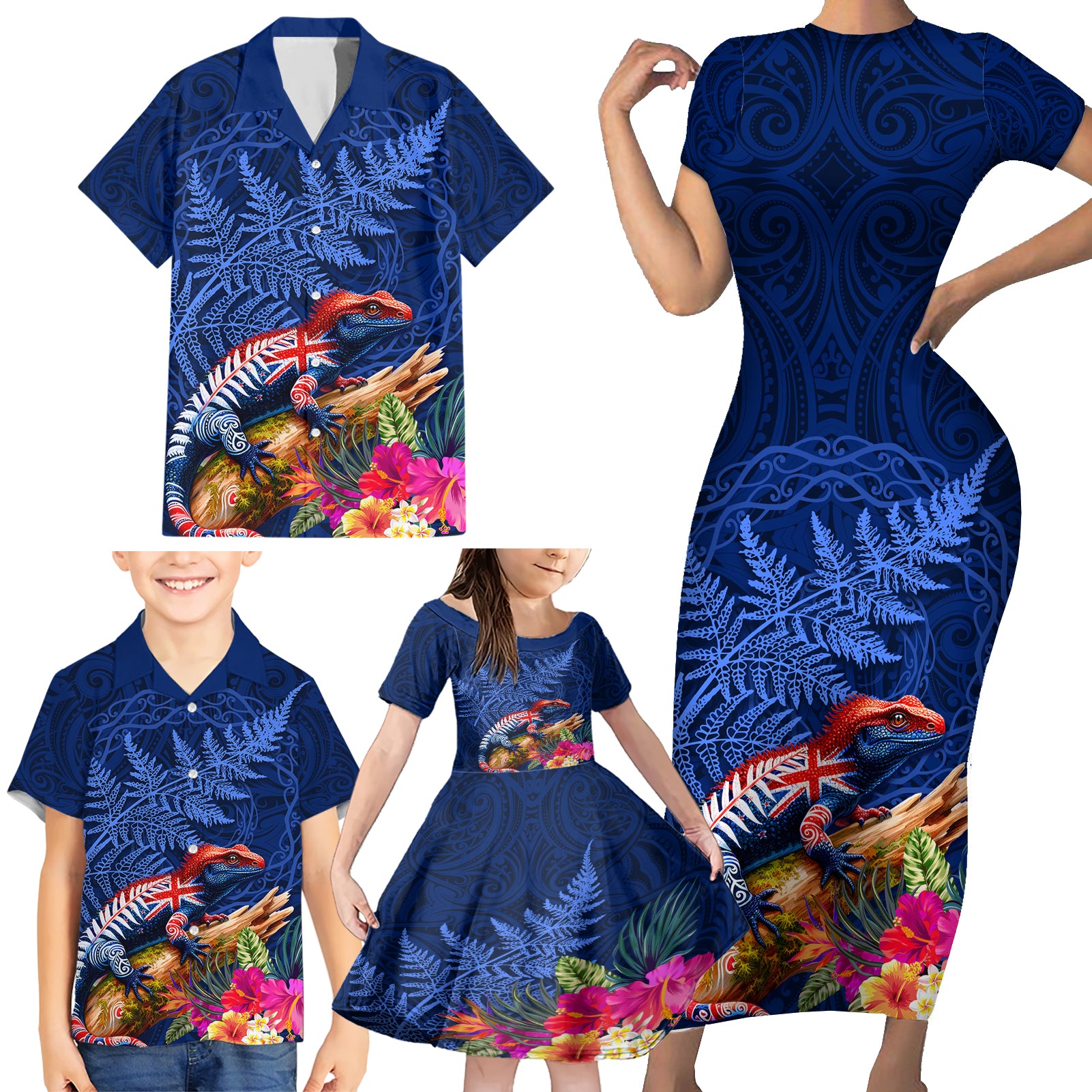 New Zealand Tuatara Family Matching Short Sleeve Bodycon Dress and Hawaiian Shirt Silver Fern Hibiscus and Tribal Maori Pattern Blue Color