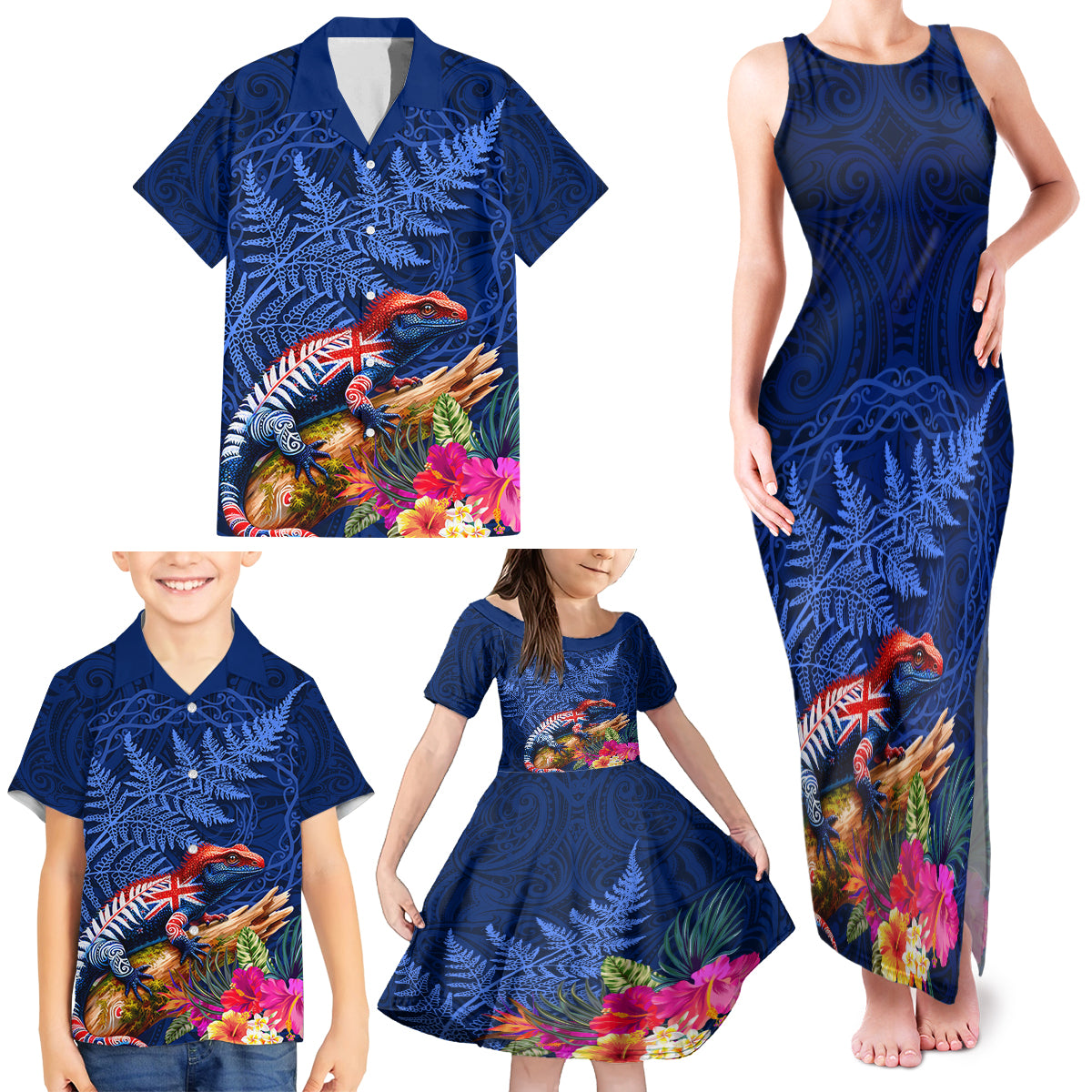 New Zealand Tuatara Family Matching Tank Maxi Dress and Hawaiian Shirt Silver Fern Hibiscus and Tribal Maori Pattern Blue Color LT03 - Polynesian Pride