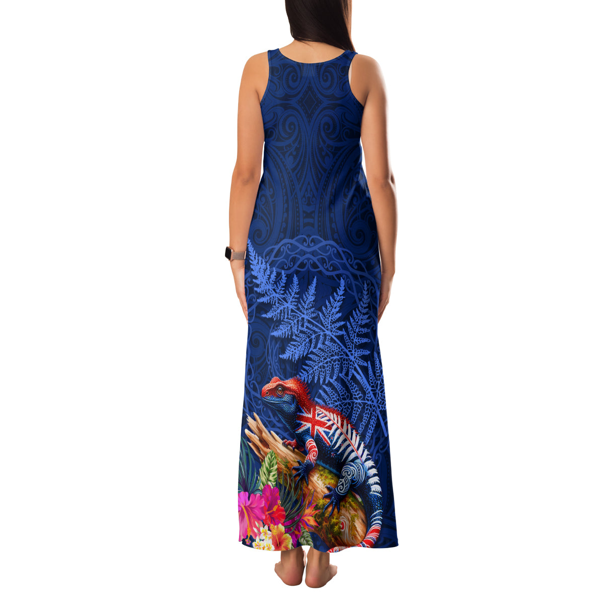 New Zealand Tuatara Family Matching Tank Maxi Dress and Hawaiian Shirt Silver Fern Hibiscus and Tribal Maori Pattern Blue Color
