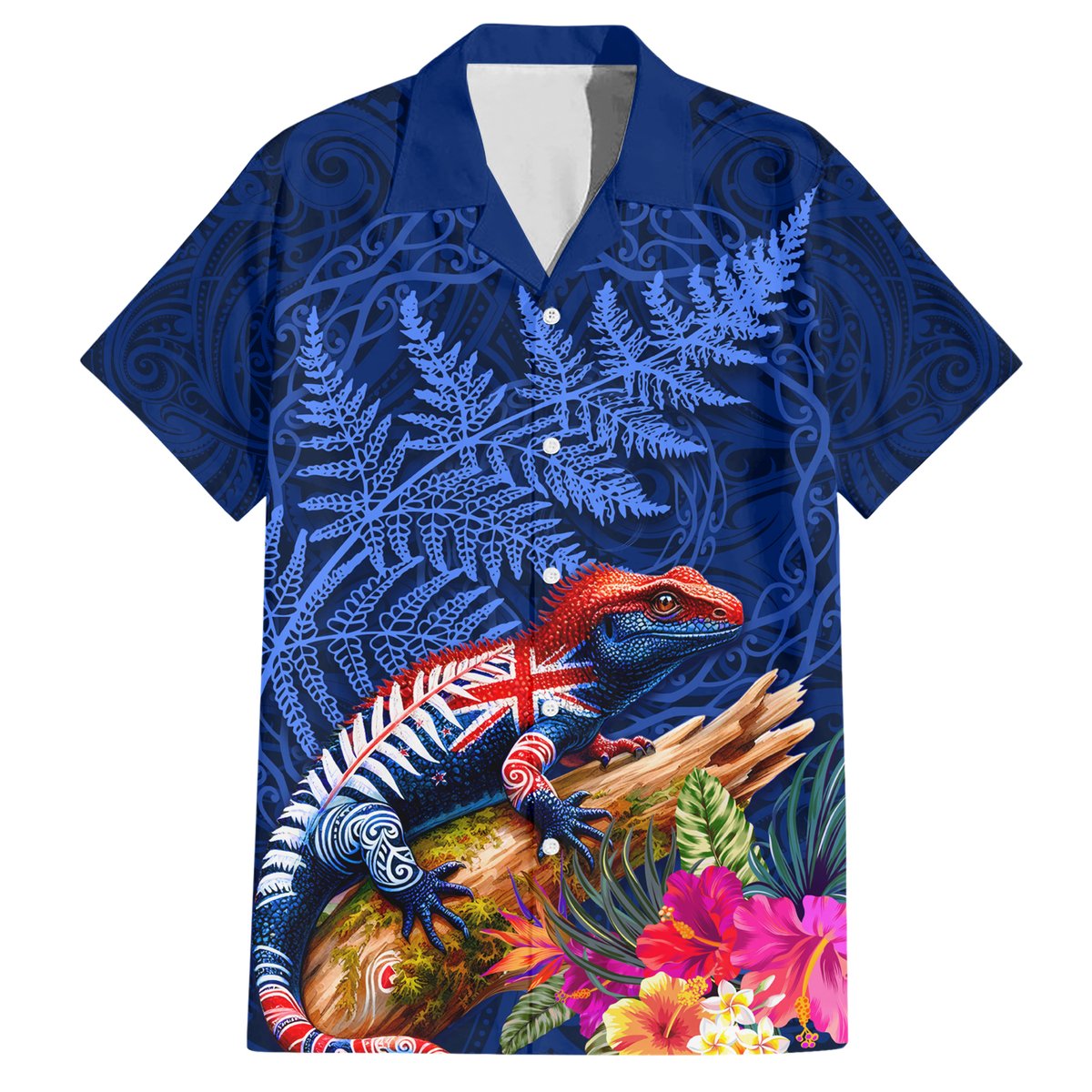 New Zealand Tuatara Hawaiian Shirt Silver Fern Hibiscus and Tribal Maori Pattern Blue Color LT03 Blue - Polynesian Pride
