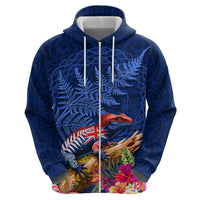 New Zealand Tuatara Hoodie Silver Fern Hibiscus and Tribal Maori Pattern Blue Color