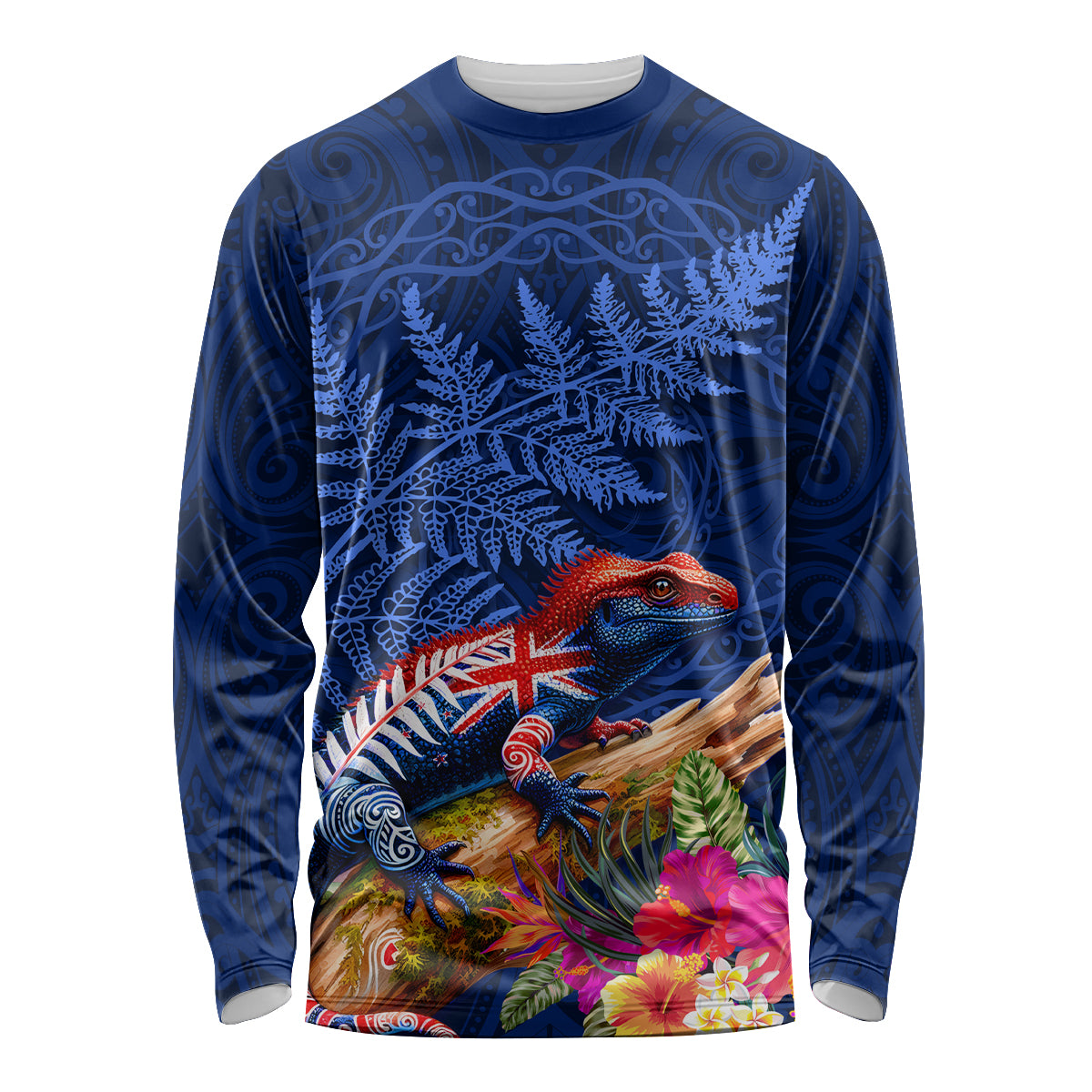 New Zealand Tuatara Long Sleeve Shirt Silver Fern Hibiscus and Tribal Maori Pattern Blue Color